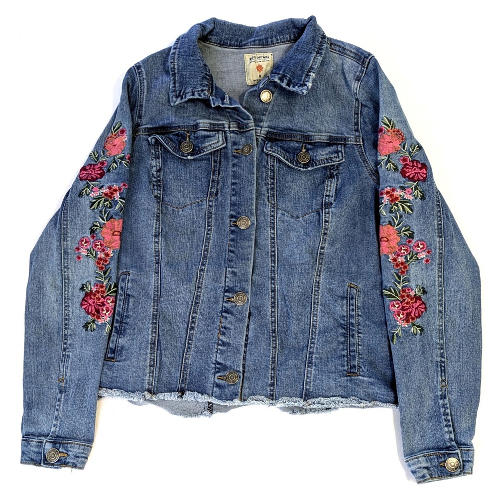 Ruff Hewn Floral Embroidered Denim Jacket Medium Wash Raw Hem Womens Size M